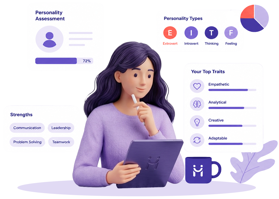 A South Asian woman taking a personality assessment on a tablet, surrounded by personality type cards, trait charts, and strength badges