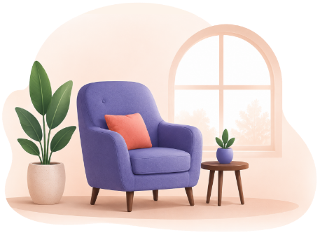 Illustration of a calm reading corner with an armchair and plants